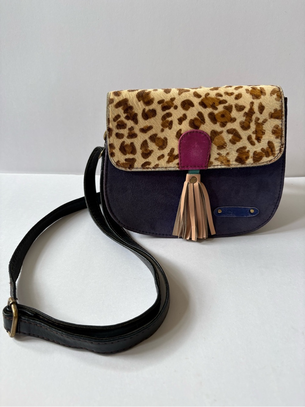 Soruka Leopard Suede Leather Crossbody Saddle Bag Purse Tassel Flap Purple Artsy